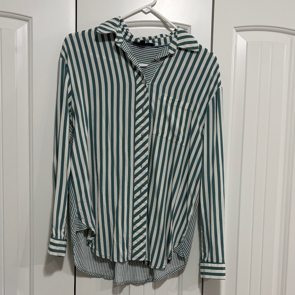 T.J.Maxx Green and White Striped Button Down Shirt